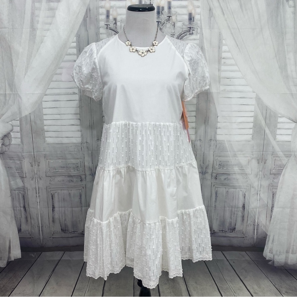LDT Size 6 Solid White Crew Neck Cap Puff Sleeve Tiered Swing Dress Pockets NEW